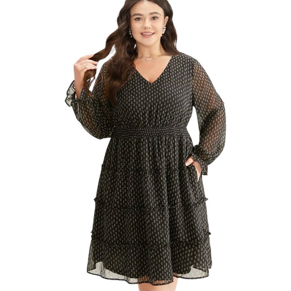 BloomChic 3XL/22-24 Geometric Shirted Mesh Frill Trim Tiered Ruffle Dress V-Neck
